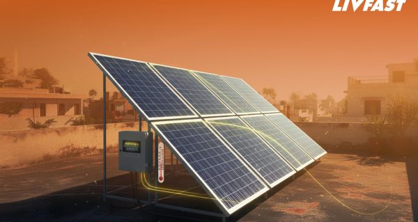 Happy, woman, and shower in studio for hair, skincare and grooming on blue background mockup. Girl, water splash and relax in a bathroom for skin, hair care and cleaning, wellness and beauty mock up