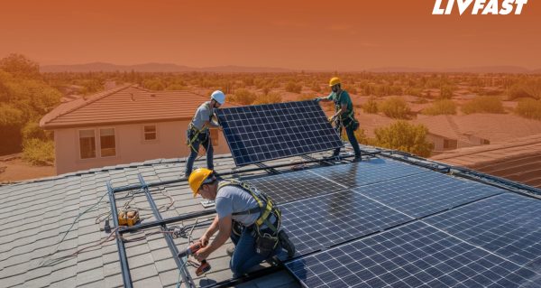 Happy, woman, and shower in studio for hair, skincare and grooming on blue background mockup. Girl, water splash and relax in a bathroom for skin, hair care and cleaning, wellness and beauty mock up